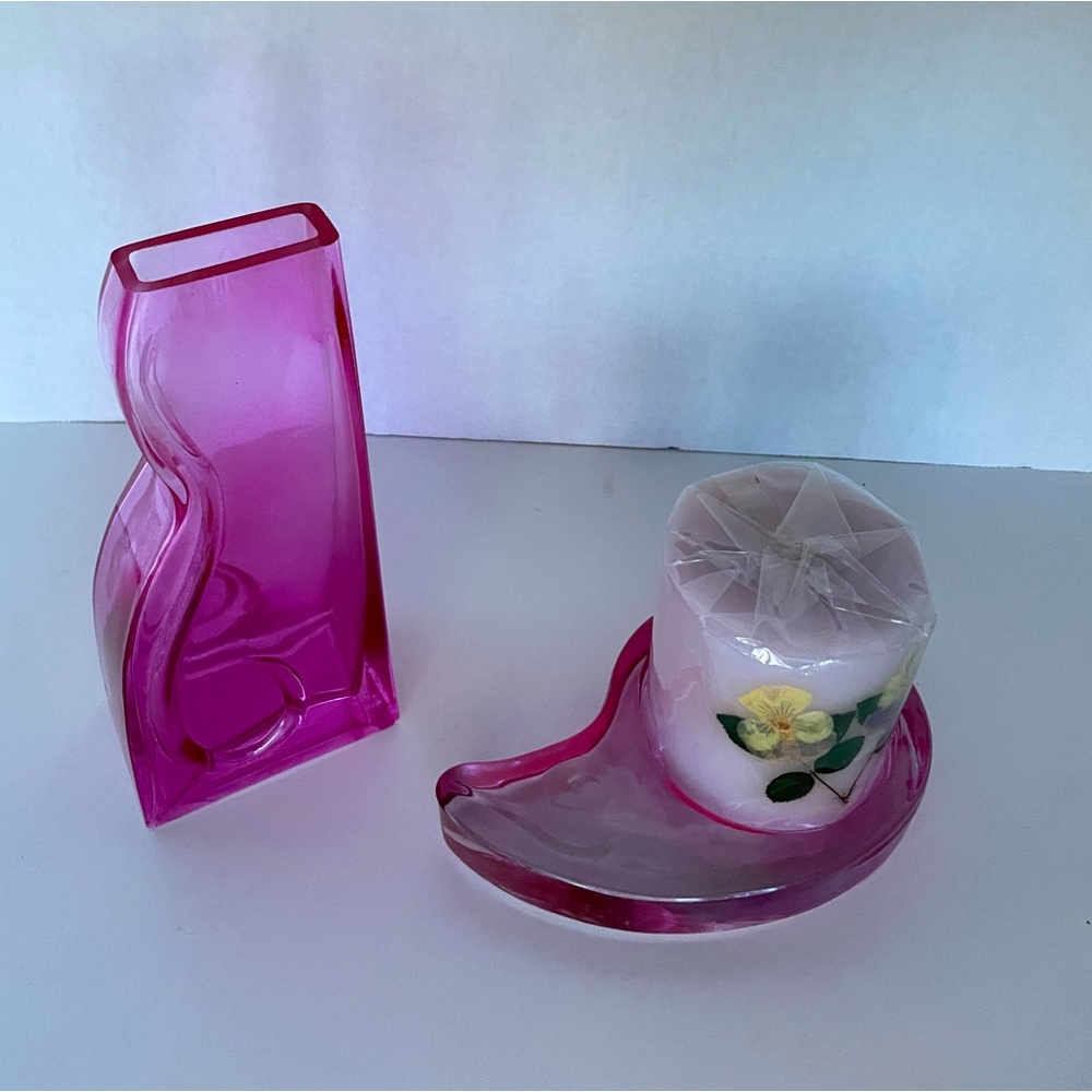 Pink Glass Vase & Candle Plate Set